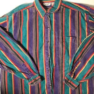 Vintage-Inspired Striped Button-Down Shirt in Teal & Purple